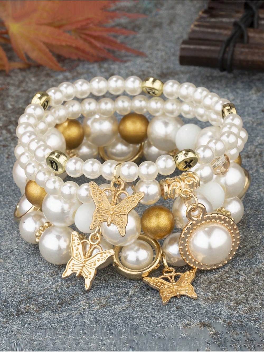 Gold & White Pearl Butterfly Charm Bracelet Stack